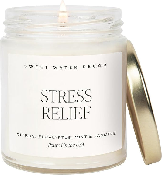 Sweet Water Decor Stress Relief Soy Candle - Lemon, Eucalyptus, Mint, Jasmine Scented Relaxing Candles for Home - 9oz Clear Jar + Gold Lid, 40+ Hour Burn Time, Made in The USA