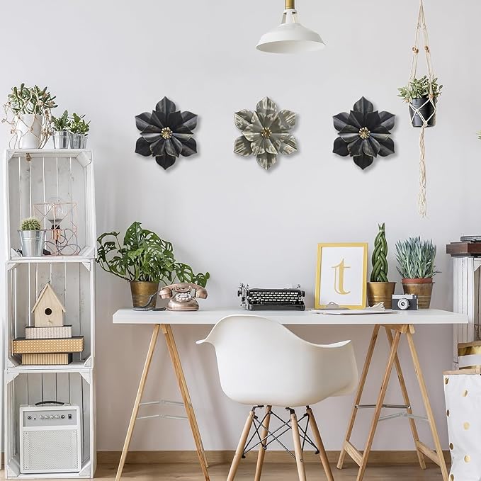 Metal Flower Wall Sculpture, 12.5" Rustic Modern Floral Artwork, Distressed 3D Layered Iron Flower Wall Hanging Accent for Indoor Kitchen Bedroom Living Room Office OutdoorGarden Patio Decor (Grey)