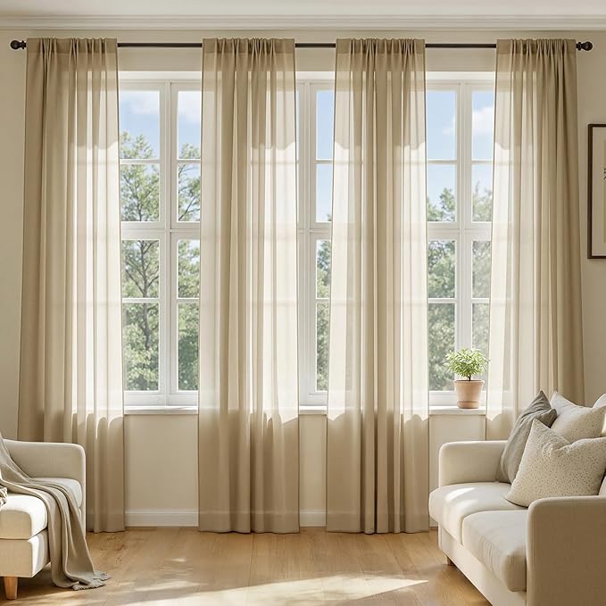 MIULEE Beige Sheer Curtains 72 Inches Long, 4 Panels Set, Rod Pocket Voile Drapes Light Filtering and Semi Transparent, Elegant Window Treatments for Bedroom Living Room,54 x 72 Inches