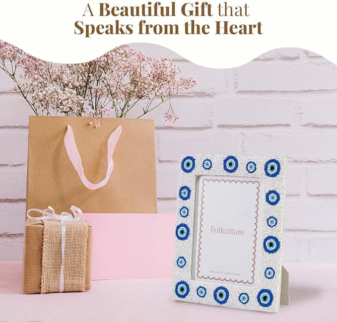 Folkulture Picture Frame for Wall or Tabletop | Evil Eye 4x6 Aesthetic, Cute, Protective Evil Eye Design Photo Frame| Vertical & Horizontal Display | Handmade Housewarming Gifts