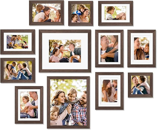 Egofine Picture Frame Set 12 Pack, Picture Frames Collage Wall Decor with Two 8x10, Four 5x7, Four 4x6, Two 4x4 for Wall and Tabletop, Made of Solid Wood, Covered by Plexiglass, Rustic Brown