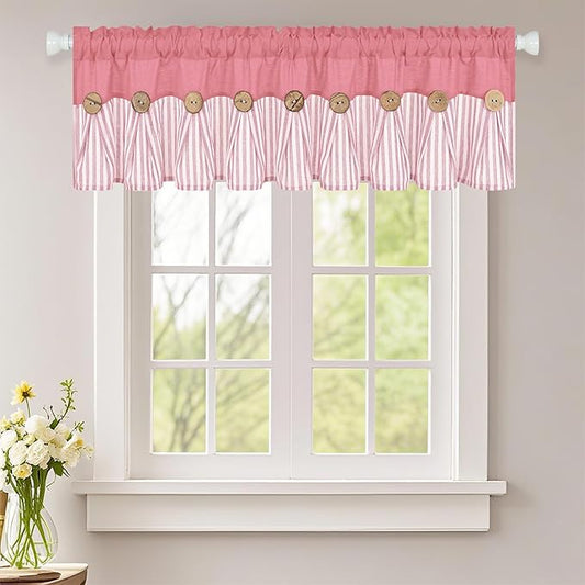 ASPMIZ Farmhouse Cotton Linen Valances for Windows, Boho Kitchen Curtains Valances with Rustic Button, Pink Striped Window Treatments Curtain Valance for Bathroom Cafe, 60 x 14 Inch, 1 Pannel