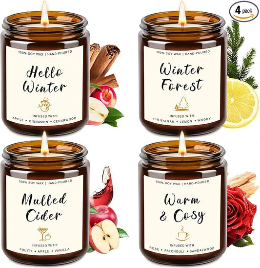 4 Pack Candles for Home Scented, 28oz Soy Candle Set, Scented Candles with Apple Cinnamon, Fir Balsam, Mulled Cider, Sandalwood – Holiday Candle Gifts for Women, Mothers, Galentines Day & Cozy Nights