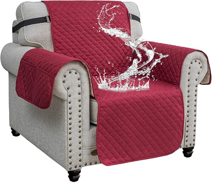 XINEAGE Quilted Chair Sofa Cover Waterproof Chair Covers for Armchair, Super Soft Washable Slipcover with Pockets & Non-Slip Elastic Straps, Thick Furniture Protector (Red)