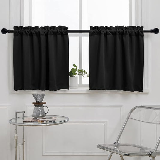 Pickluc Blackout Kitchen Curtain 24 Inches Long, Rod Pocket Cafe Tier Curtains for Small Window Treatment in Living Room, Basement, RVs, Cabinets, 2 Panels, W24 X L24 Inch, Black