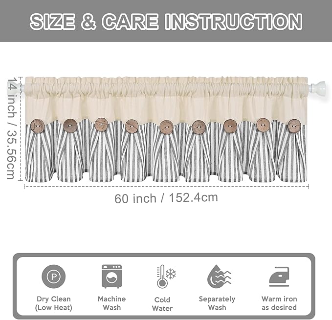 ASPMIZ Cotton Linen Kitchen Curtains Valance, Boho Rustic Button Valances for Windows Farmhouse Style, Grey Stripe Window Valances for Bathroom Cafe, Tie Up Valance for Kitchen Windows, 60 x 14 Inch