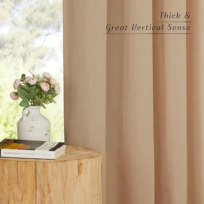 NICETOWN Thick Flax Linen Textured Bedroom Curtains, Grommet Casual & Rustic Linen Weave Window Treatment Privacy Added with Light Filtering for Living Room, Camel, W55 x L72, 2 Panels