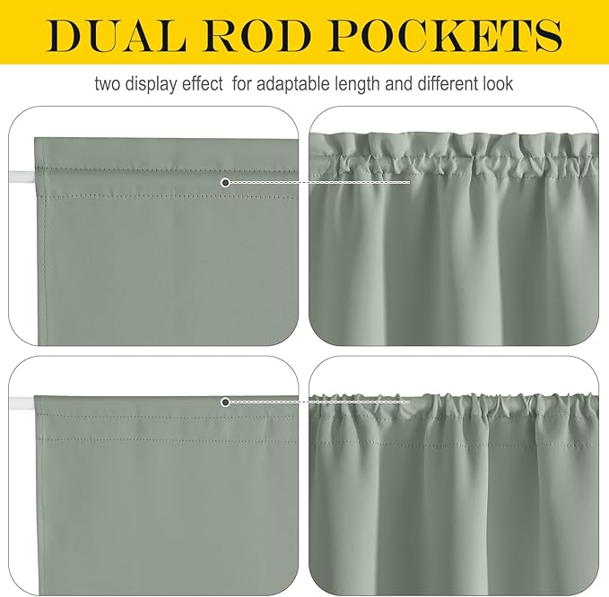 NICETOWN French Door Curtain for Door Window, Rod Pocket Thermal Short Curtain for Glass Patio Kitchen Christmas Window, 30 X 40 Inches Long, 1 Panel with Tieback, Greish Green