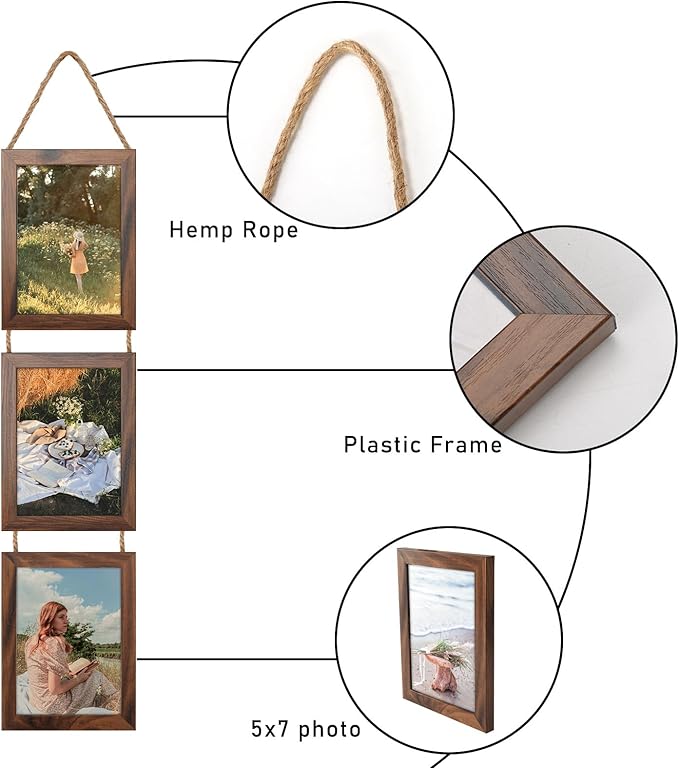 Lavezee 5x7 Picture Frames Collage Walnut Brown, 3 Opening 5 x 7 Hanging Picture Frames Vertical for 5 by 7 Inch Photos for Wall Decor