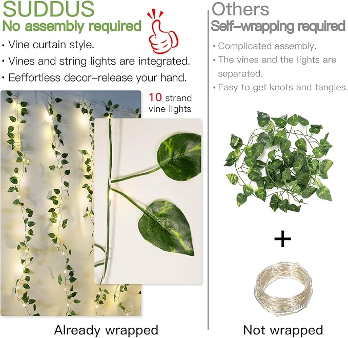 suddus Vines with Lights for Bedroom, 150 LED Fairy Lights with Vines, Pothos Curtain Lights for Bedroom, Dorm, Wedding, Party, Wall, Indoor, Outdoor Decor, 6.5ft x 4.9ft