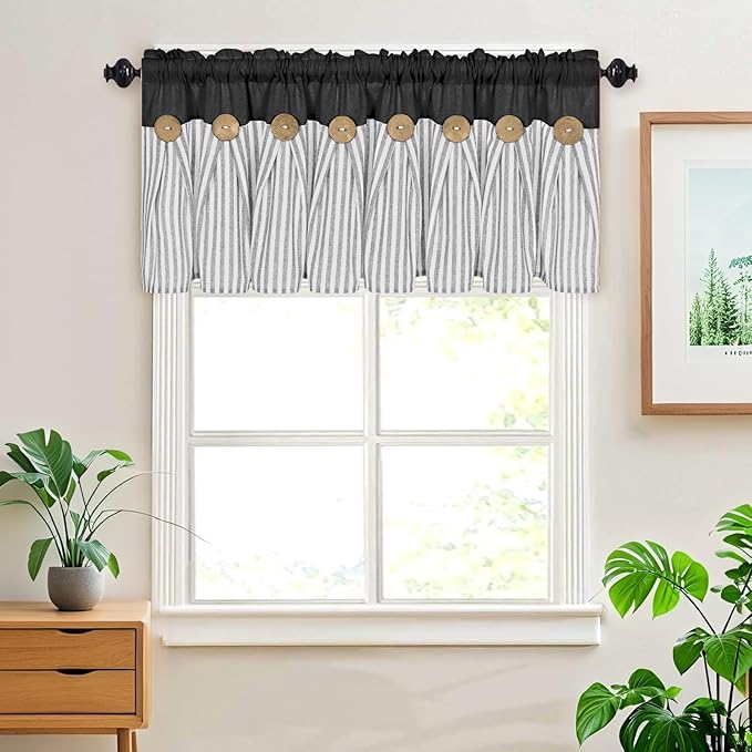 ASPMIZ Cotton Linen Kitchen Valance Curtains, Boho Rustic Button Linen Valances for Windows Farmhouse, Black with Grey Stripe Valance Window Topper Treatment Window Valances for Bathroom, 52 x 18 Inch