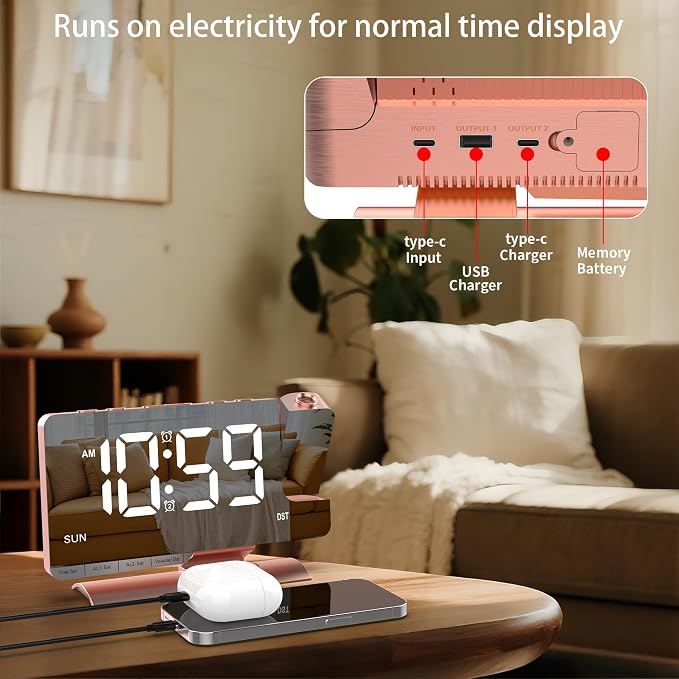 Projection Alarm Clock for Bedroom Ceiling, Pink Room Decor Digital Clock - Image 6