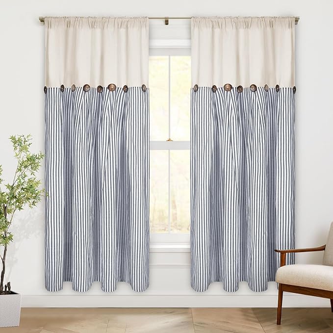 ASPMIZ Cotton Linen Farmhouse Curtains Boho Rustic Button Drapes, Linen Window Curtain Panels, Blue Stripe Country Curtains for Bedroom Living Room, Modern Rod Pocket Curtain 52 x 63 Inch, 2 Panels