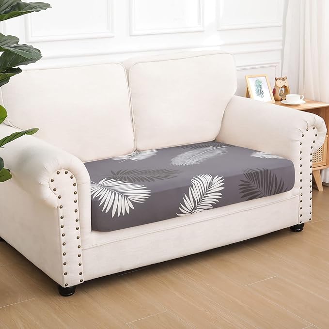 hyha Printed Couch Cushion Covers, Floral Sofa Covers Washable for 2 Cushion Couch, Stretch Pattern Outdoor Cushion Covers for Patio Furniture with Elastic Bottom(Medium, Grey Feathers)