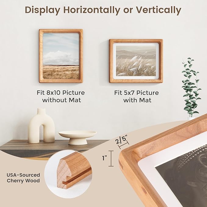 8x10 Picture Frame Set of 2, USA-Sourced Cherry Wood Photo Frame with HD Tempered Glass, Handcrafted Rounded Corner 8 x 10 Wooden Frames Matted to 5x7 Photos, 8x10 Frames, Tabletop or Wall Display