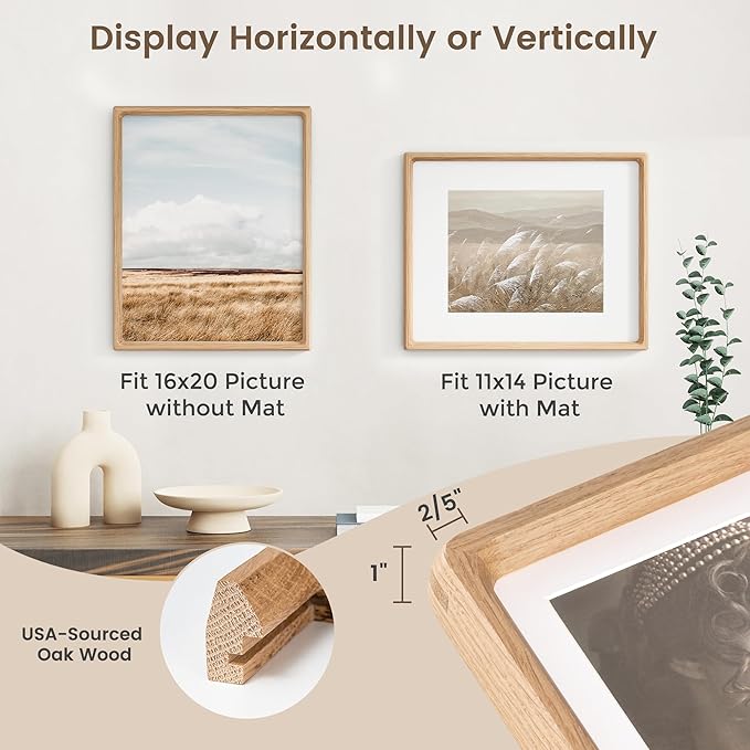 16 x 20 Picture Frame, USA-Sourced Oak Wood Photo Frames with HD Tempered Glass, Handcrafted Rounded Corner 16x20 Wooden Frames Matted to 11x14 Photos, Horizontal or Vertical Wall Display