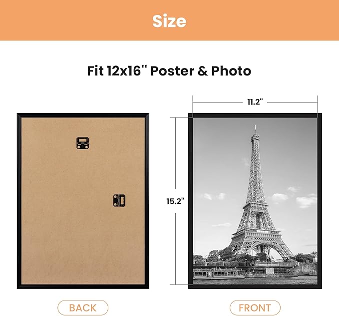 upsimples 12x16 Picture Frame Black 3 Pack, Scratch-Proof Poster Frames 12 x 16 for Photo Gallery - Slide-In Strips, Horizontal or Vertical Wall Mounting