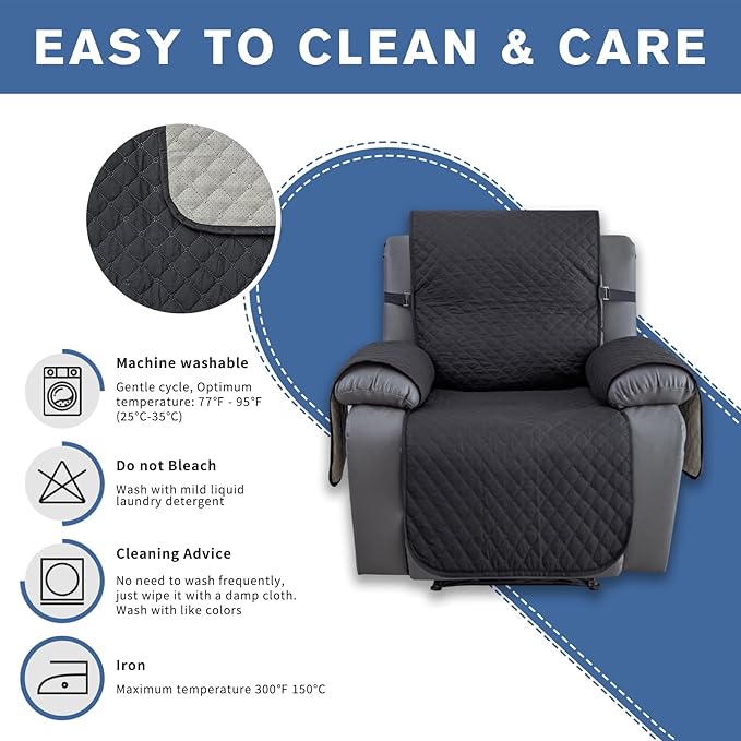 XINEAGE Water Resistant Recliner Cover, Nonslip Recliner Chair Covers for Reclining Chair with Pockets, Quilted Thick Recliner Slipcovers for Pets and Kids (Recliner Chair, Black)