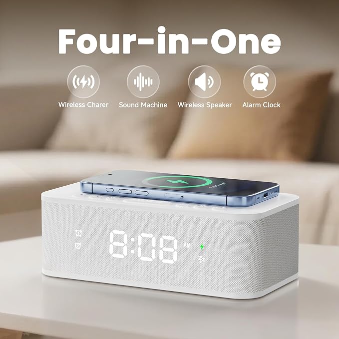 Digital Alarm Clock White Noise, Loud Digital Alarm Clocks Bedrooms, Alarm Clock Speaker Wireless Charger AUX USB Bluetooth Speaker 12/24H Dual Alarm Snooze Adjustable Brightness, White - Image 2