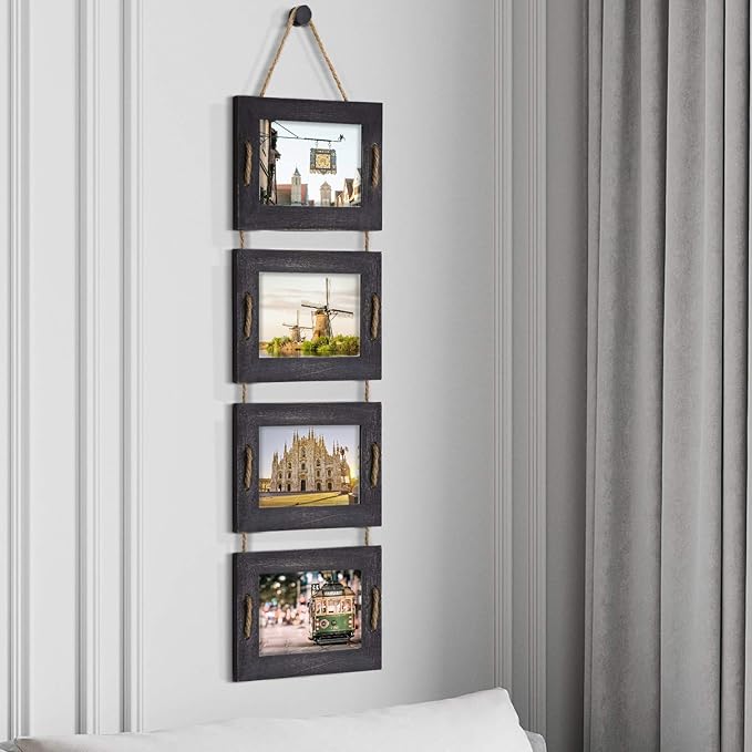 DLQuarts 5x7 Hanging Collage Picture Frames Wall Decor, 4-Opening 5x7 Matted to 3.5x5 Photo Rustic Wood Frame with Hemp Rope, 2 Pack, Weathered Black