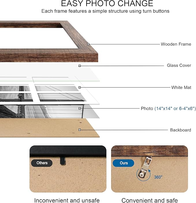 14x14 Picture Frame Set of 2, Rustic Brown with Glass Collage Frame, Display Photo Six Opening 4x6 With Mat or 14 x 14 Without Mat - Horizontal or Vertical Wall Mounting