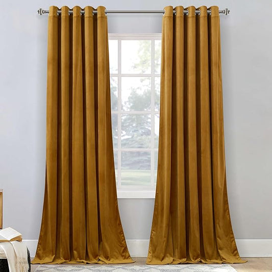 StangH Mustard Gold Velvet Curtains for Living Room, Luxury Light Blocking Thermal Insulated Drapes Holiday Party Backdrop Decoration for Hotel Hall/Movie, W62 x L96, 2 Panels