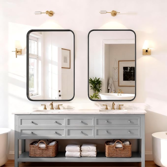 Bathroom Mirror 30x22 Inch Black Metal Frame Rectangle Vanity Mirror with Rounded Corners, Modern Wall Mounted Anti-Rust Mirror for Farmhouse, Restroom, Entryway, Horizontal or Vertical Hanging