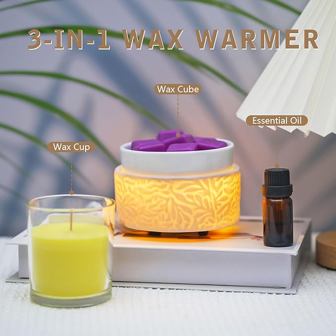 ElusiaKa Electric Wax Melt Warmer with Warm Light, 3-in-1 Ceramic Candle Warmer Large Dish Scented Wax Melter Essential Oil Burner for Home Aromatherapy, White