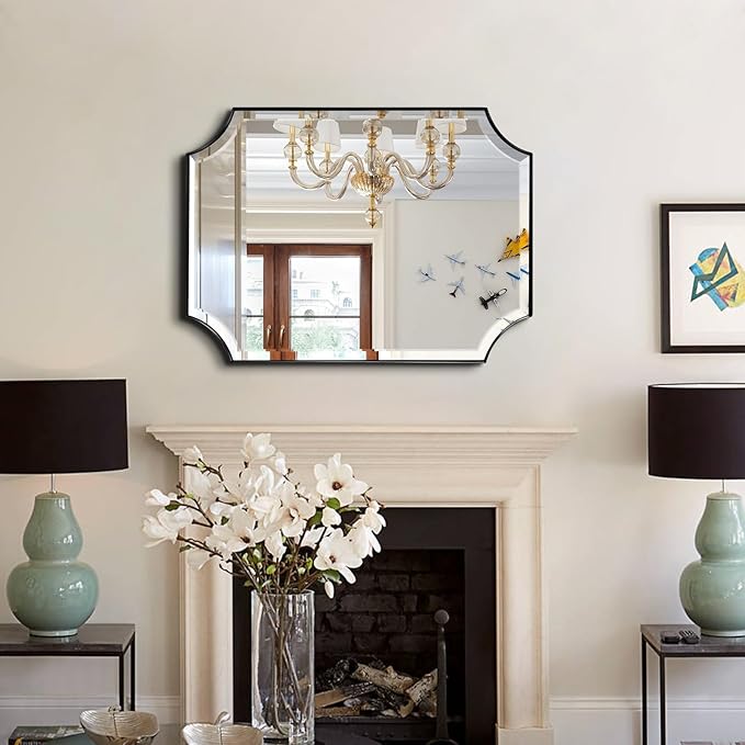 POZINO Rectangle Beveled Mirror, 22"x30" Bathroom Vanity Mirror with Stainless Steel Frame, Modern Aesthetic Scalloped Edge Wall Mirrors for Bedroom Hallway Entryway, Horizontal or Vertical Hanging