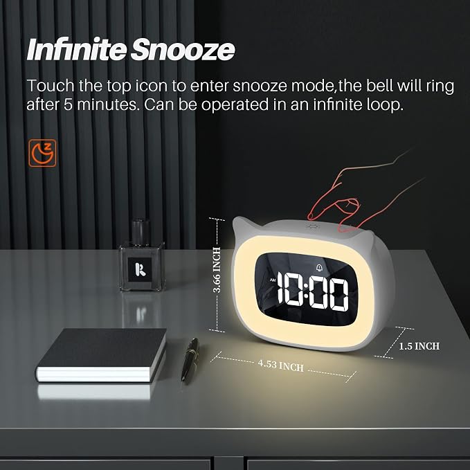 Cute Cat Ear Alarm Clock with Night Light for Bedroom,White - Image 6