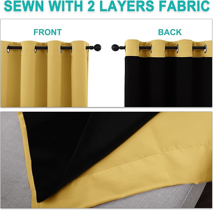 NICETOWN 100% Blackout Blinds, Laundry Room Decor Window Treatment Curtains for Large Patio Sliding Door, Thermal Insulated Bright Yellow Curtains for Bedroom, Set of 2, 52 inches x 108 inches