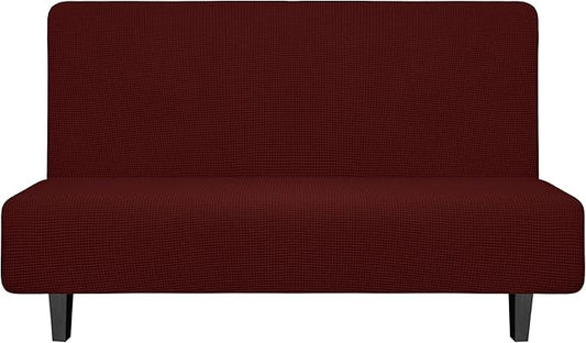 Easy-Going Stretch Futon Slipcover Armless Futon Bed Cover Furniture Protector Without Armrests with Elastic Bottom for Kids, Soft Jacquard Fabric Small Checks (Medium, Wine)