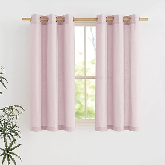 NICETOWN Blush Pink Short Linen Curtains for Kitchen, Thick Flax Small Window Treatments Semi Sheer Privacy Assured with Light Through for Cafe/Bathroom, W42 x L48, 2 Panels