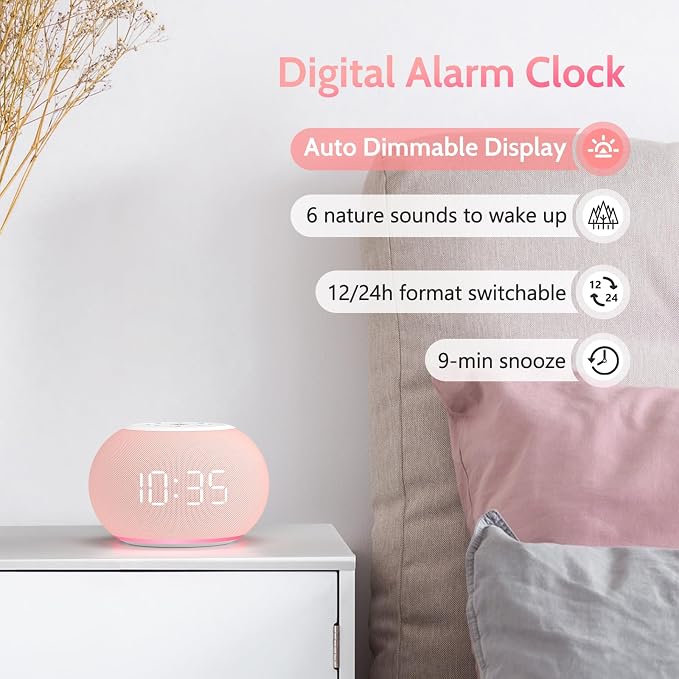 REACHER Auto Dimmable Sound Machine Alarm Clock with Night Light for Girls | 20 soothing sounds, sleep timer, precise volume, soft night lights, auto-dimming display, cute white noise soother for kids - Image 5