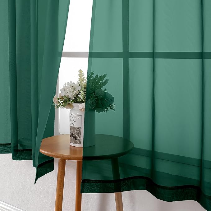 Lecloud Hunter Green Sheer Curtains 63 Inch Length 2 Panels Set, Voile Solid Window Curtains for Bedroom Light Filtering Living Room Drapes with Rod Pocket, Each Panel 42 X 63 Inch