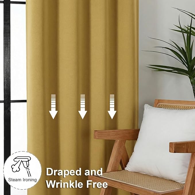 Simplebrand Ava Bright Gold Blackout Curtains for Bedroom 84 Inch Length 2 Panels Set, Solid Thermal Insulated Privacy Nursery Window Treatment Curtains Blackout Drapes, W40 x L84 Inch, Bright Gold