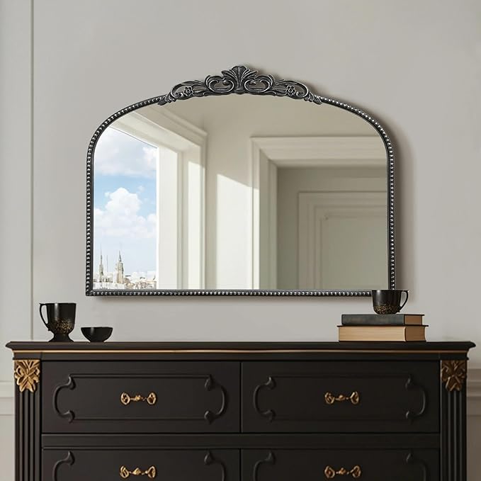 Micasso Large Vintage Black Mirror: 40" x 29" French Baroque Antique Mirror - Traditional Ornate Decorative Arched Mirrors for Wall/Bathroom/Entryway/Fireplace/Hallway - Home Decor for Living Room