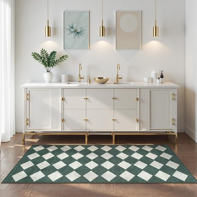 Lahome Zelie Checkered Washable 2x6 Green Runners for Hallways Non Slip, Ultra-Thin Kitchen Bathroom Runner Rugs, Moroccan Trellis Throw Carpet Runner for Bedroom Entryway Decor (2'x6',Dark Green)