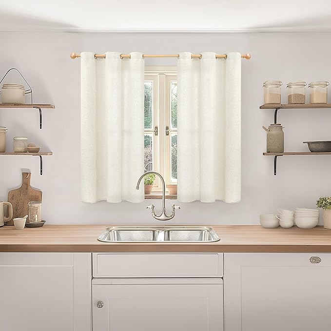 YoungsTex Linen Curtains 40 Inches Long, Short Drapes Light Filtering with Grommet Beige Natural Privacy for Bathroom Kitchen Windows, 42 X 40 Inch, 2 Panels
