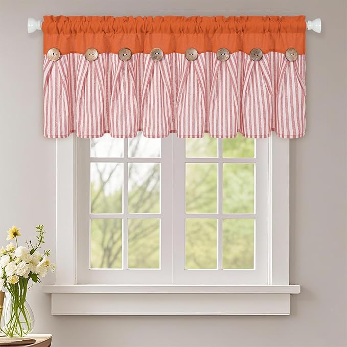 ASPMIZ Farmhouse Cotton Linen Valances for Windows, Boho Kitchen Curtains Valances with Rustic Button, Orange Striped Window Treatments Curtain Valance for Bathroom Cafe, 52 x 18 Inch, 1 Pannel