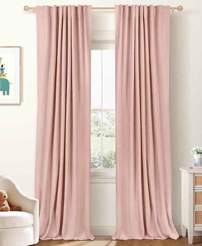 100% Blackout Shield Linen Blackout Curtains for Bedroom 90 Inches Long, Back Tab/Rod Pocket Living Room Drapes, Thermal Insulated Blackout Curtains 2 Panels Set, 50" W x 90" L, Blush Pink