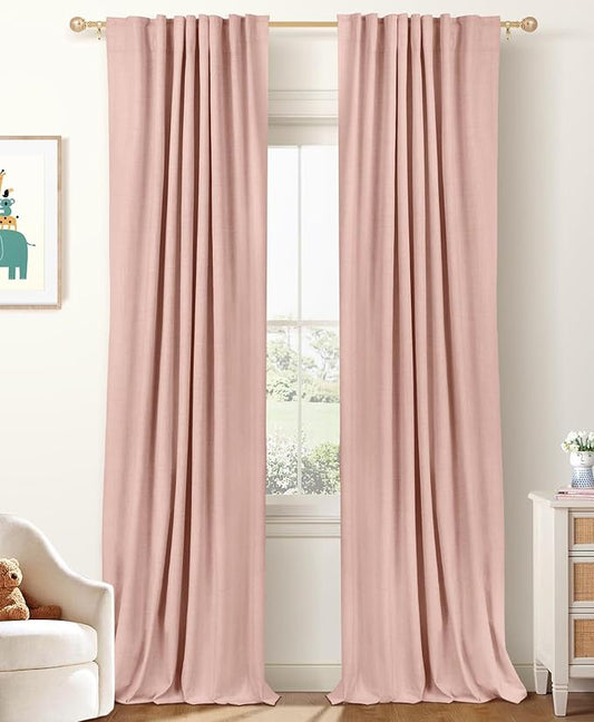 100% Blackout Shield Linen Blackout Curtains for Bedroom 90 Inches Long, Back Tab/Rod Pocket Living Room Drapes, Thermal Insulated Blackout Curtains 2 Panels Set, 50" W x 90" L, Blush Pink