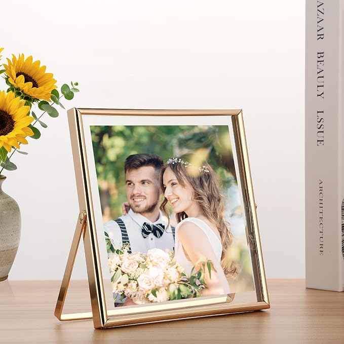 Gold 6x6'' Floating Frame Set of 2,For Photo Sizes(5x5'',4x4'' or 3x3''),Beautiful Metal Beaded Frames Adjustable Tabletop/Shelf Photo Frame,Classy Present Choice for Wedding,Birthday or Christmas Gift