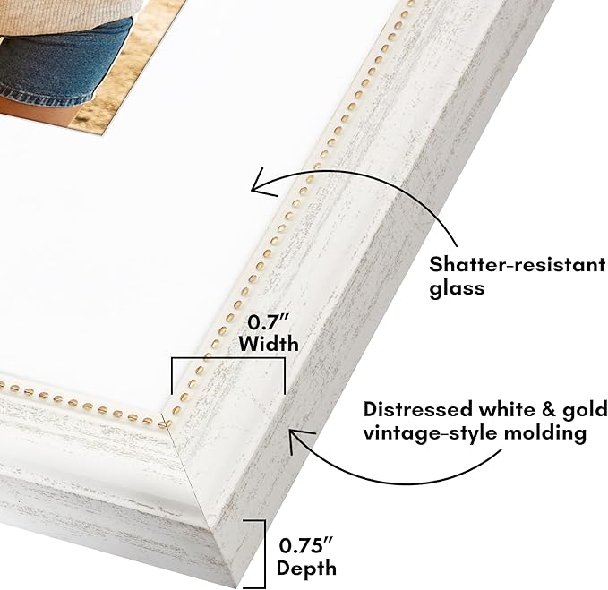 Americanflat Vintage Frames - 11x14 Picture Frame with Beaded Accents and Shatter-Resistant Glass - Use as 8x10 Frame or Display 11x14 Photos Without Mat - Heirloom Collection - White Gold