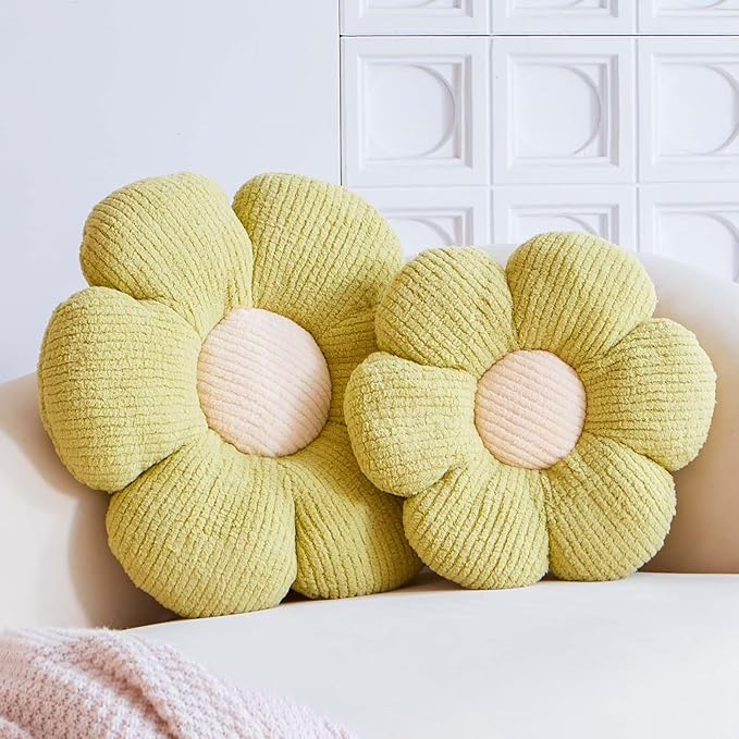 Light Green Flower Pillow - Decorative Throw for Bed Couch, Cute Daisy Shaped Plush Aesthetic Cushion, Soft 19.6" Floor Seat