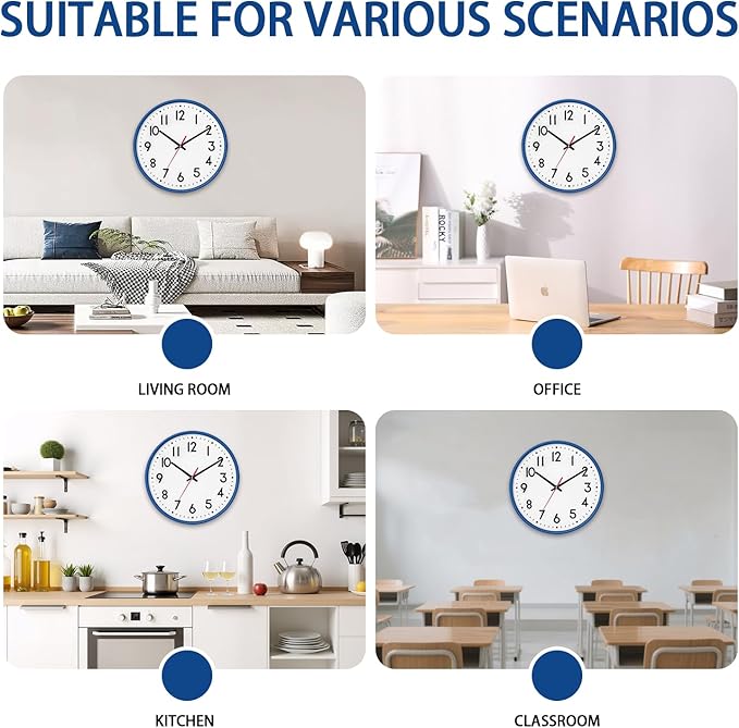 HZDHCLH Wall Clock Blue,Silent Wall Clocks Battery Operated 12 Inch Modern Non Ticking Analog Clock Decorative for Kitchen Bedroom Living Room Office Classroom