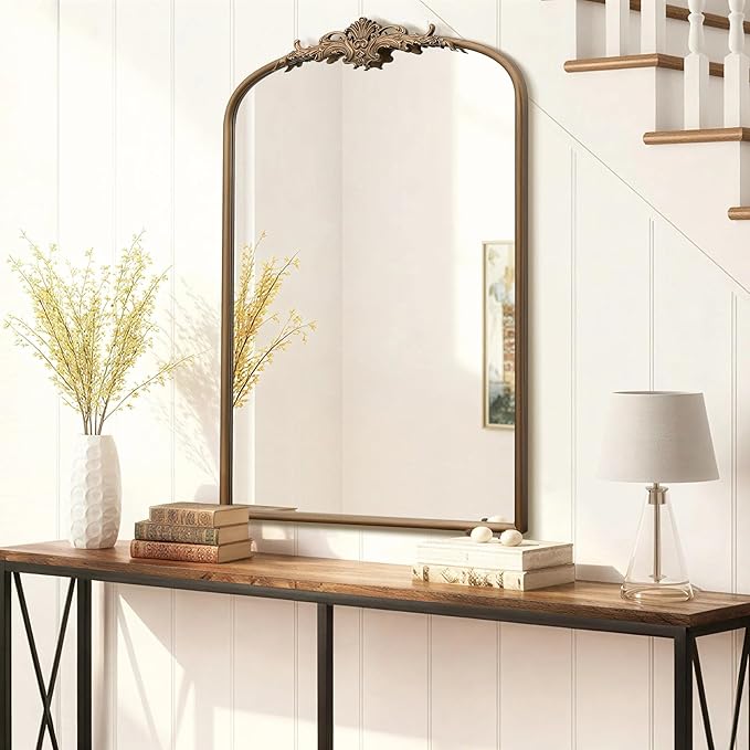Besdomus Antique Gold Arched Mirror: 24"x36" French Large Arch Gold Vintage Vanity Wall Mounted Mirror - Traditional Ornate Home Decor for Entryway/Bathroom/Bedroom - Idea for Fashion-Conscious
