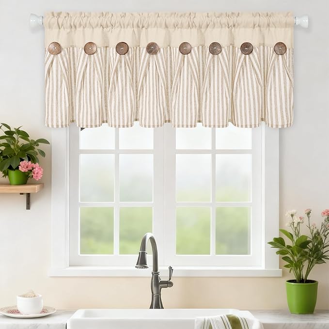 ASPMIZ Farmhouse Cotton Linen Valances for Windows, Boho Kitchen Curtains Valances with Rustic Button, Khaki Striped Window Treatments Curtain Valance for Bathroom Cafe, 52 x 18 Inch, 1 Pannel