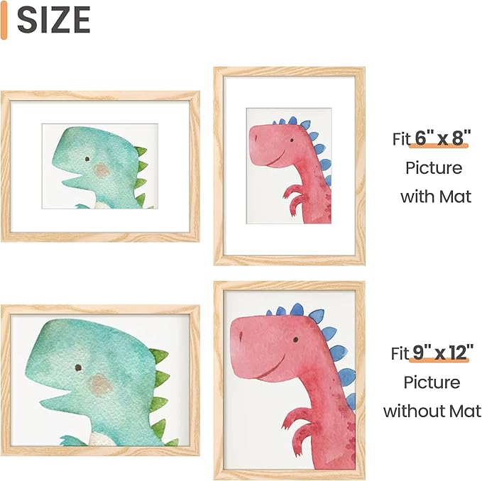 upsimples 9x12 Picture Frame, Display Pictures 6x8 with Mat or 9 x 12 Without, Wall Hanging Photo Frames, Natural, 1 Pack
