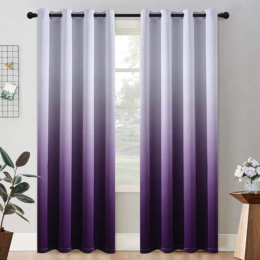 COSVIYA Grommet Ombre Room Darkening Curtains 84 inch Length 2 Panels, Gradient Drapes Purple and Grayish White Light Blocking Insulated Thermal Window Curtains for Bedroom/Living Room,52x84 inches